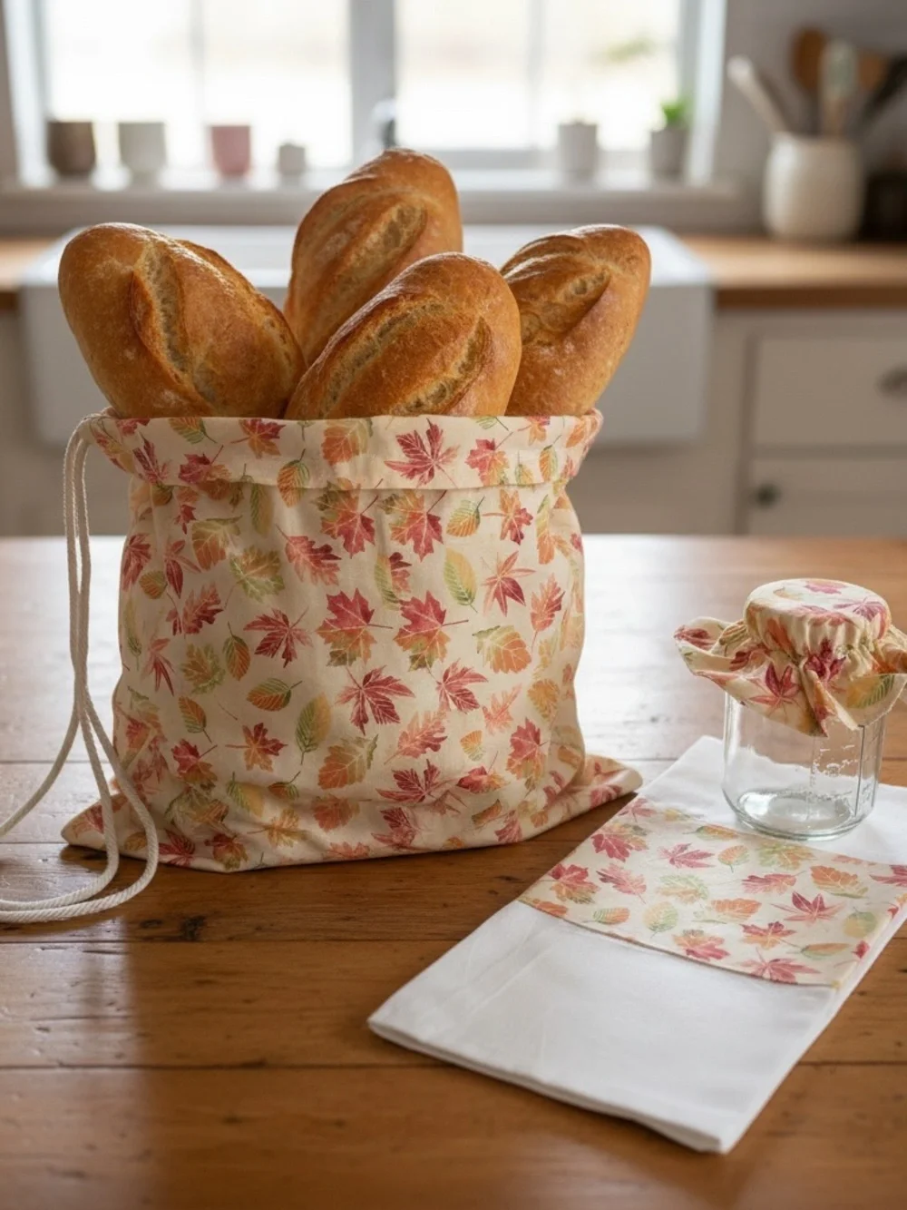 Fall Leaves Cotton Bread Bag with Matching Mason Jar Bonnet & Tea Towel